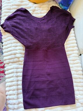Knit Short-Sleeve Dress in Deep Plum